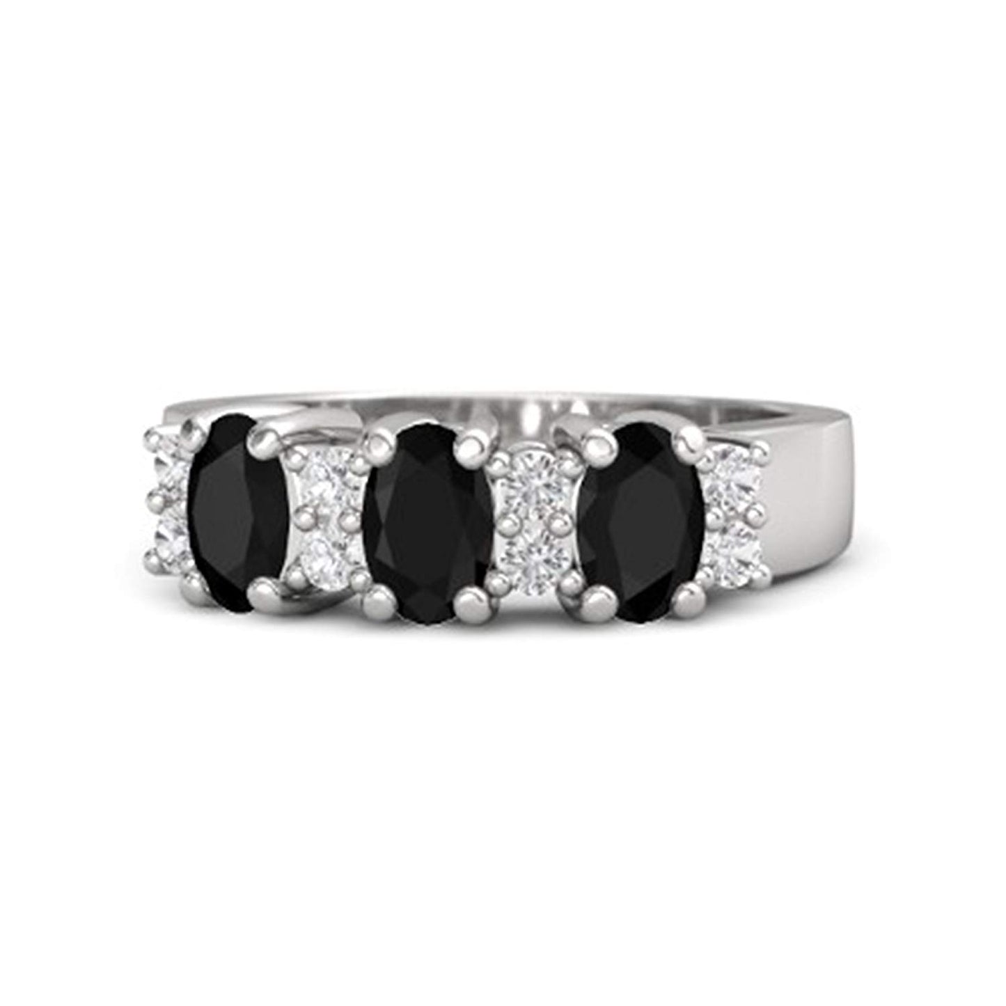 atjewels 18K White Gold Over 925 Sterling Black and White Oval & Round Cubic Zirconia Three Stone Ring MOTHER'S DAY SPECIAL OFFER - atjewels.in