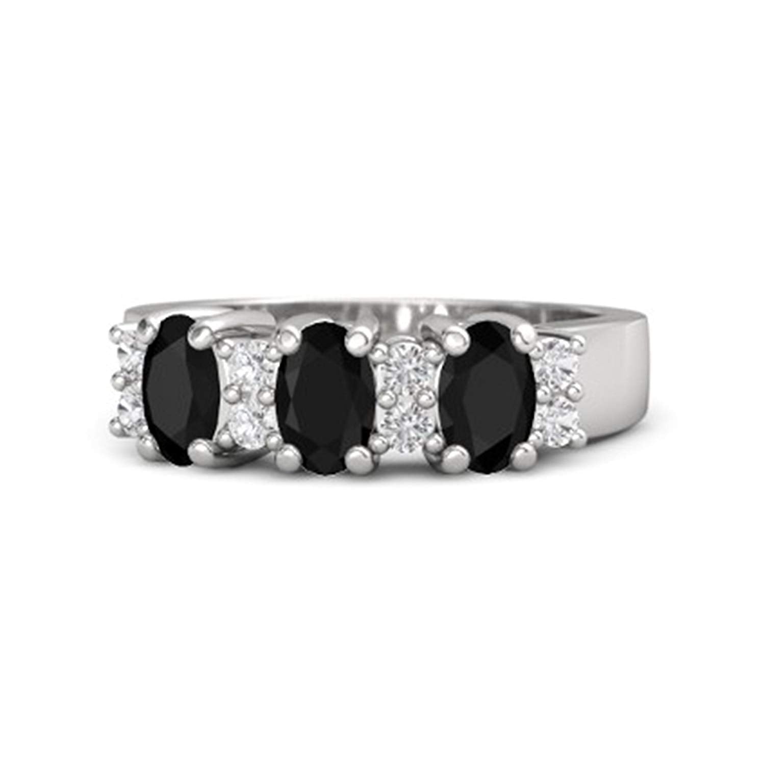 atjewels 18K White Gold Over 925 Sterling Black and White Oval & Round Cubic Zirconia Three Stone Ring MOTHER'S DAY SPECIAL OFFER - atjewels.in