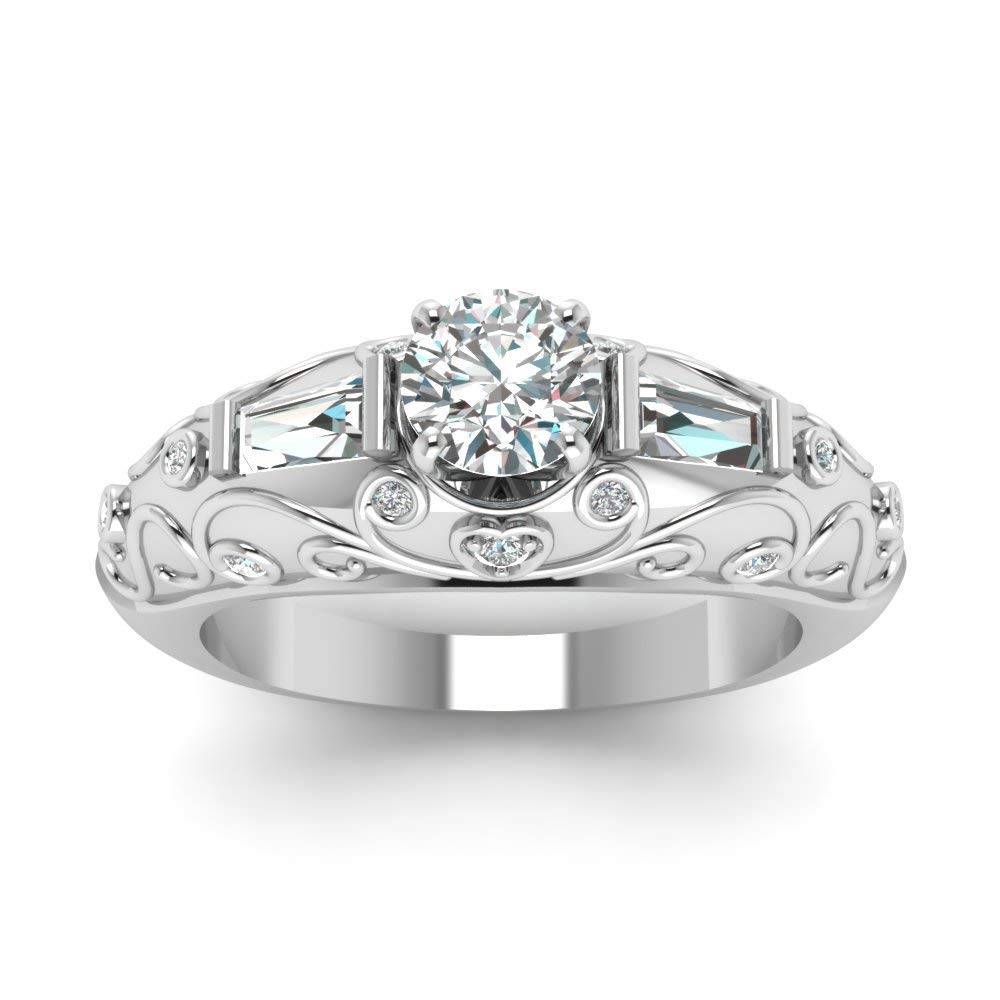 atjewels 18K White Gold Over Solid 925 Sterling Silver Round & Baguette Cut Bezel Setting Solitaire with Accents Ring Free Size MOTHER'S DAY SPECIAL OFFER - atjewels.in