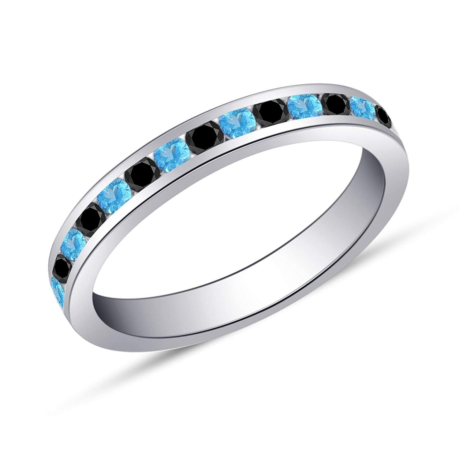 18K White Gold on .925 Sterling Silver Round Multicolor Stone Anniversary Band Ring Set For Women's - atjewels.in