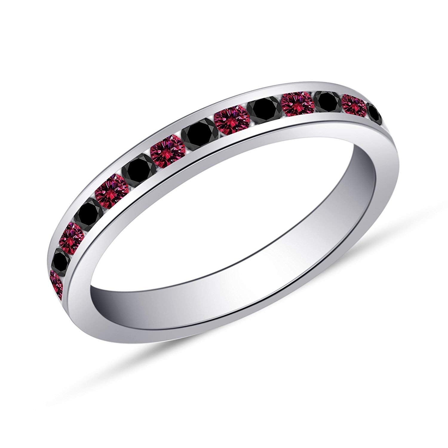 18K White Gold on .925 Sterling Silver Round Multicolor Stone Anniversary Band Ring Set For Women's - atjewels.in