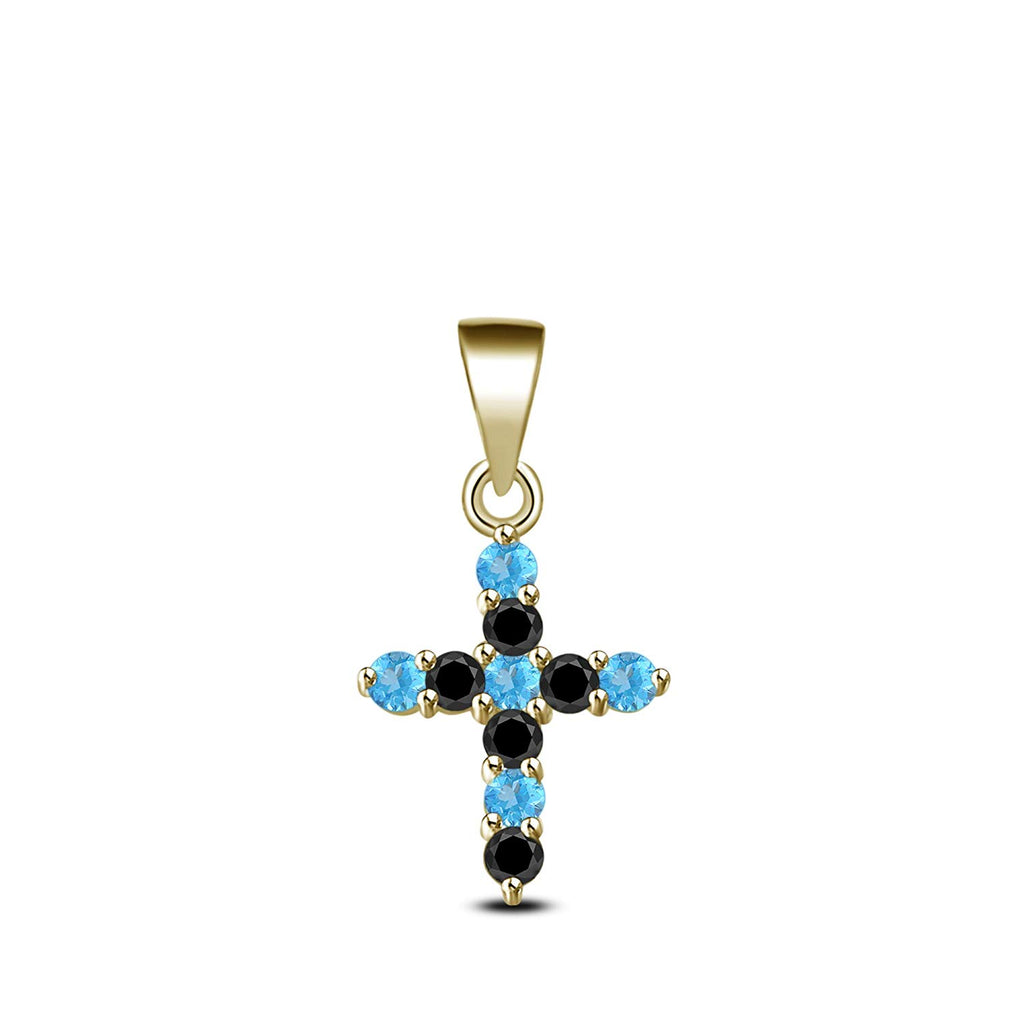 atjewels 14K Yellow Gold on 925 Sterling Aquamarine and Black CZ Cross Pendant MOTHER'S DAY SPECIAL OFFER - atjewels.in