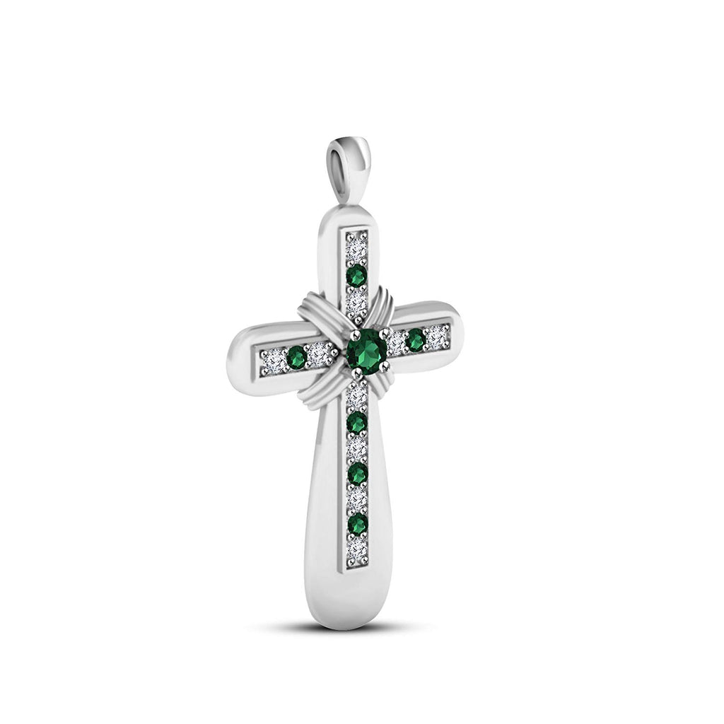 atjewels 18K White Gold Over 925 Sterling Green Emerald & White CZ Cross Pendant MOTHER'S DAY SPECIAL OFFER - atjewels.in