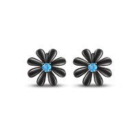 atjewels Round Cut Blue Aquamarine Black Rhodium .925 Sterling Silver Flower Stud Earrings Girls & Wome's For MOTHER'S DAY SPECIAL OFFER - atjewels.in