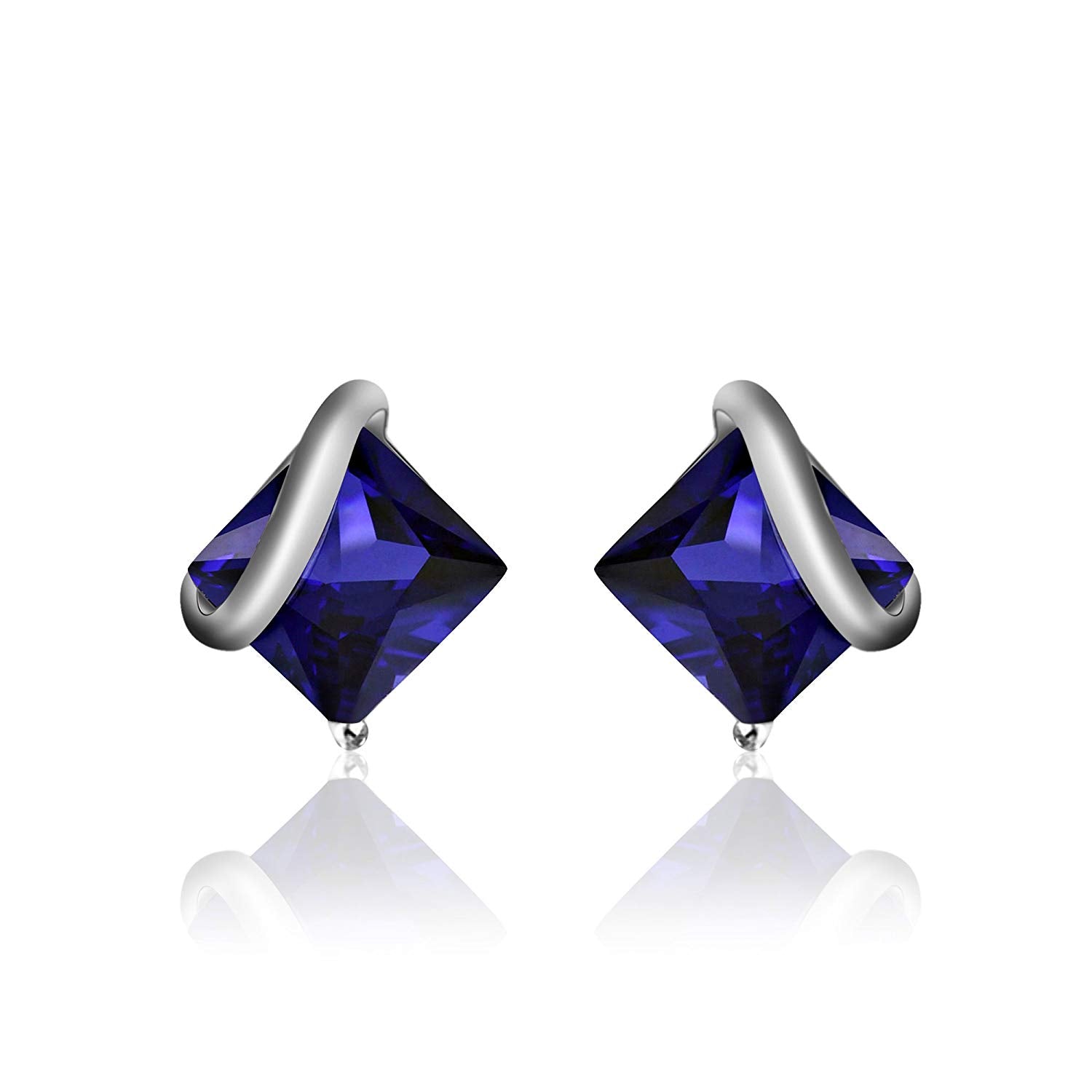 atjewels 14k White Gold Over Sterling Princess Cut Blue Sapphire Engagement Stud Earrings MOTHER'S DAY SPECIAL OFFER - atjewels.in