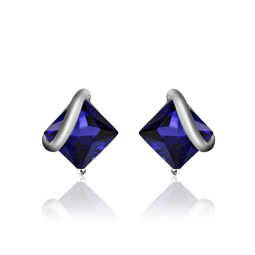 atjewels 14k White Gold Over Sterling Princess Cut Blue Sapphire Engagement Stud Earrings MOTHER'S DAY SPECIAL OFFER - atjewels.in