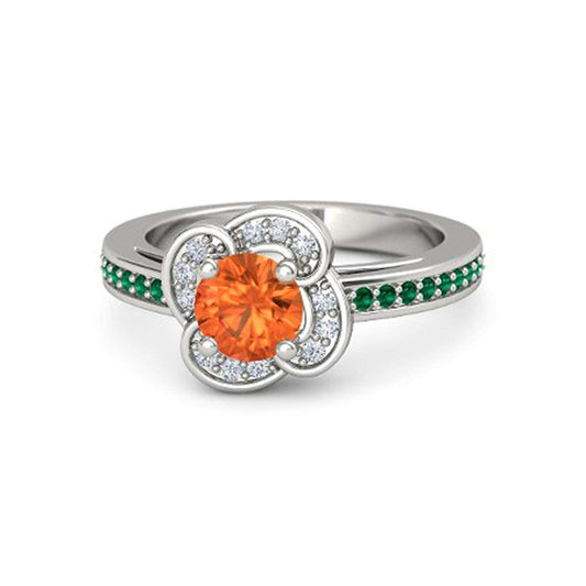 atjewels Round Cut Orange Sapphire, Green Emerald & White CZ .925 Sterling Silver Engagement Ring For Women's and Girl's For Diwali Special - atjewels.in