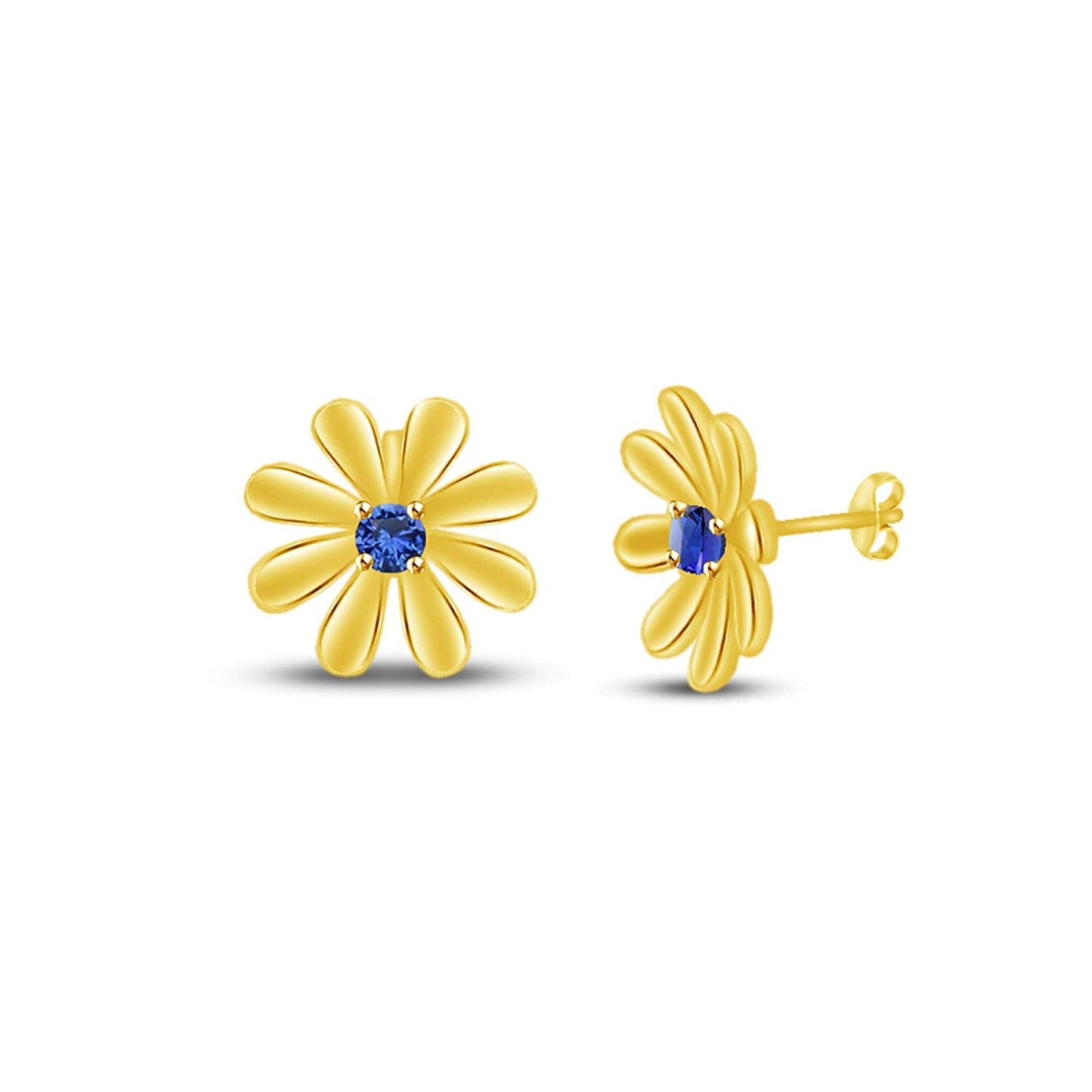 atjewels Round Cut Blue Sapphire 14k Yellow Gold Over .925 Sterling Silver Flower Stud Earrings Girls & Wome's For MOTHER'S DAY SPECIAL OFFER - atjewels.in