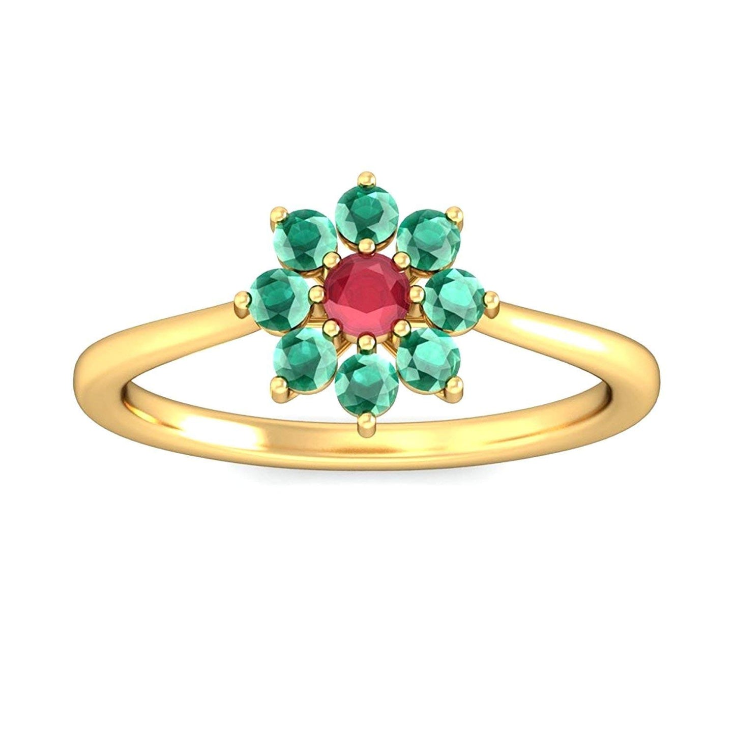 atjewels 14k Yellow Gold Over .925 Sterling Silver Round Cut Red Garnet & Green Emerald Flower Ring For Girl's And Women's For Navratri Special - atjewels.in