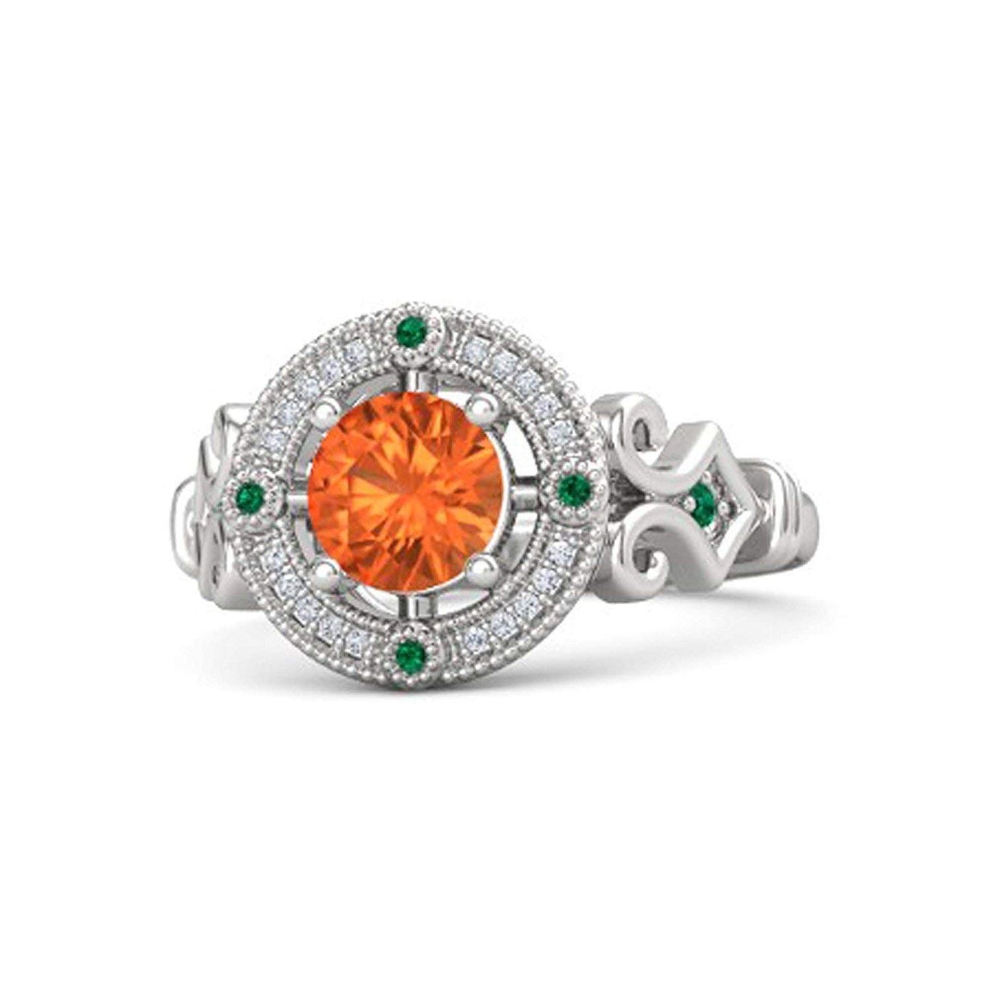 atjewels Round Cut Orange Sapphire, Green Emerald & White CZ .925 Sterling Silver Engagement Ring For Women's and Girl's For Diwali Special - atjewels.in