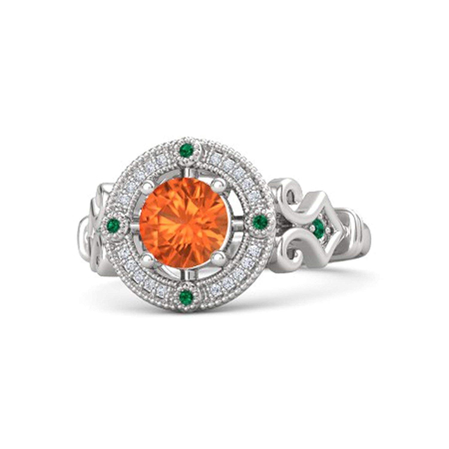 atjewels Round Cut Orange Sapphire, Green Emerald & White CZ .925 Sterling Silver Engagement Ring For Women's and Girl's For Diwali Special - atjewels.in