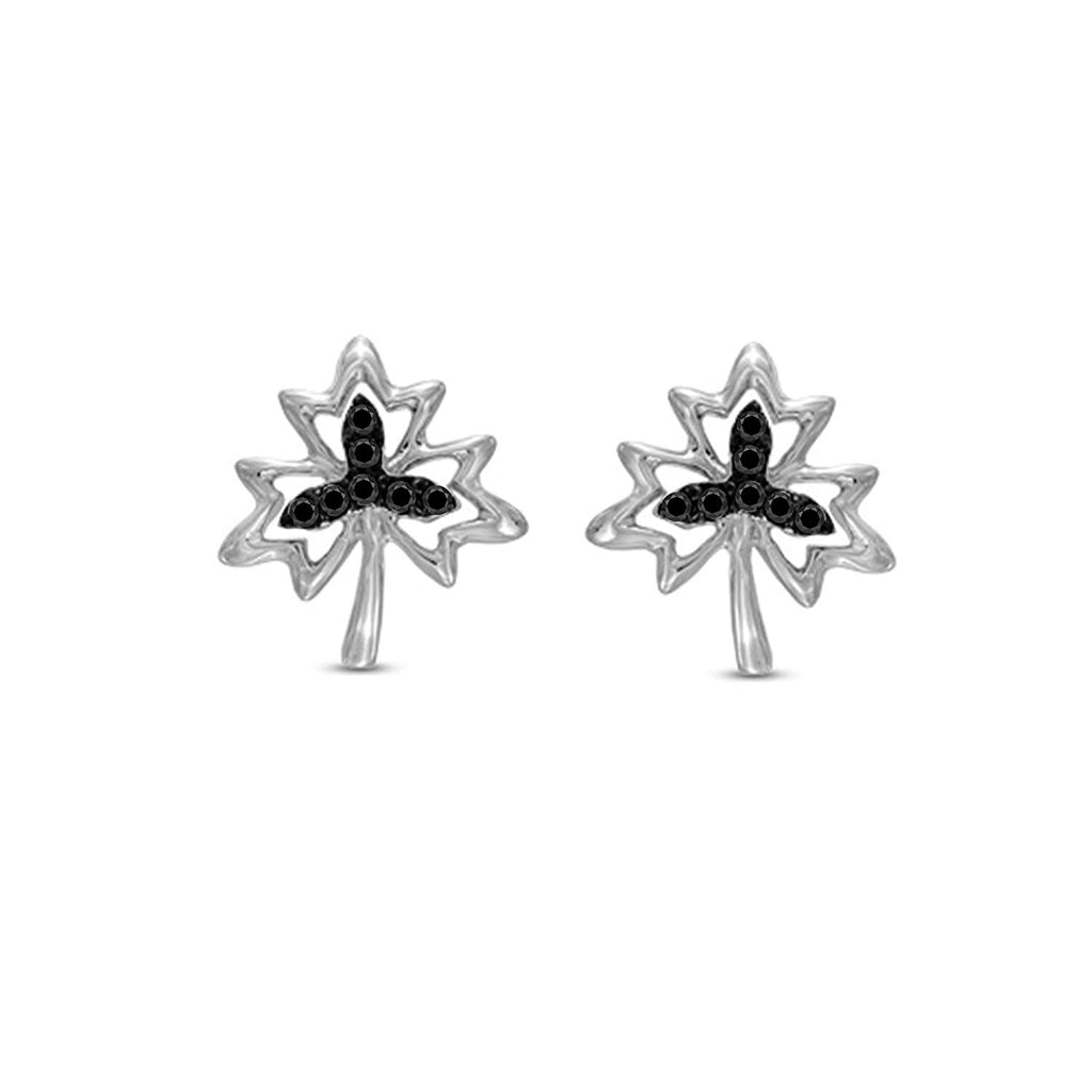 atjewels Leaf Stud Earrings Round Black Zirconia in 14K White Gold Over 925 Sterling Silver For Women's MOTHER'S DAY SPECIAL OFFER - atjewels.in
