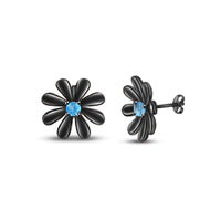 atjewels Round Cut Blue Aquamarine Black Rhodium .925 Sterling Silver Flower Stud Earrings Girls & Wome's For MOTHER'S DAY SPECIAL OFFER - atjewels.in