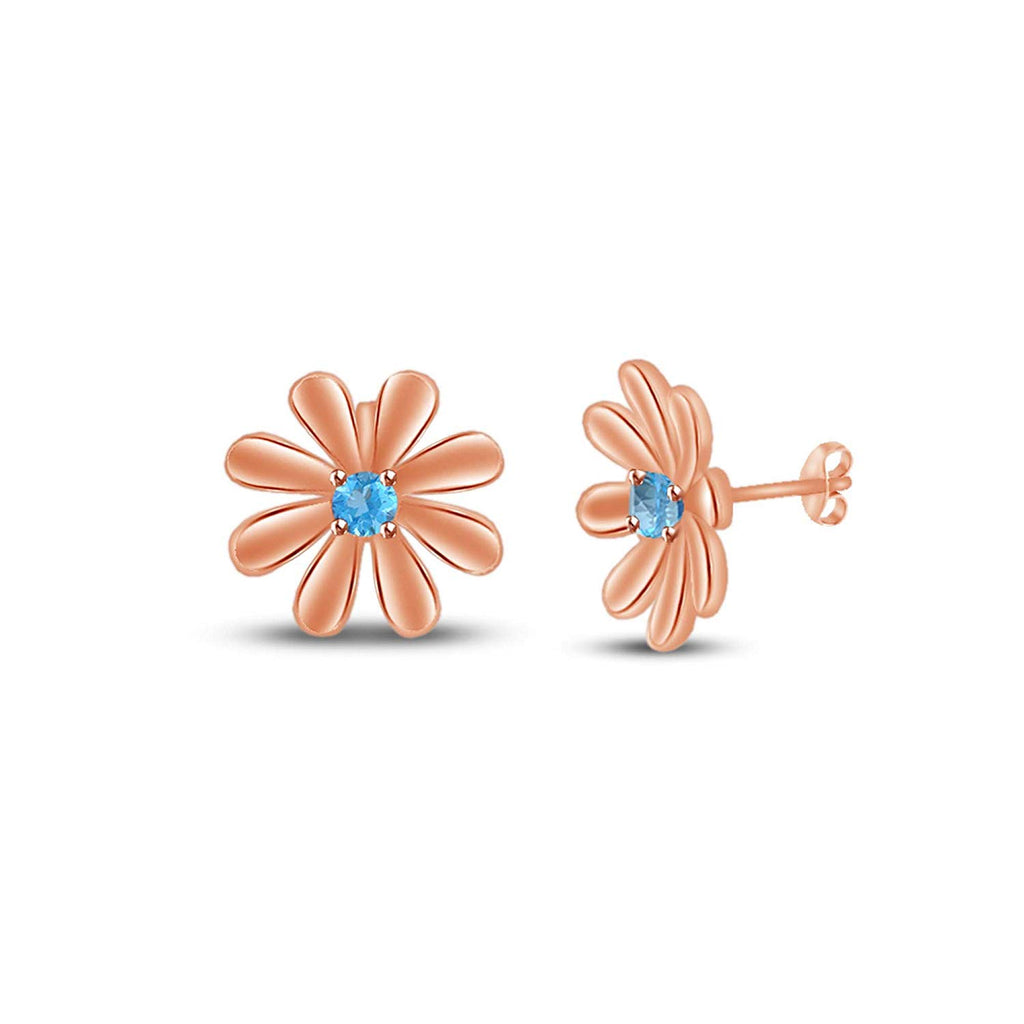 atjewels Round Cut Blue Aquamarine 14k Rose Gold Over .925 Sterling Silver Flower Stud Earrings Girls & Wome's For MOTHER'S DAY SPECIAL OFFER - atjewels.in