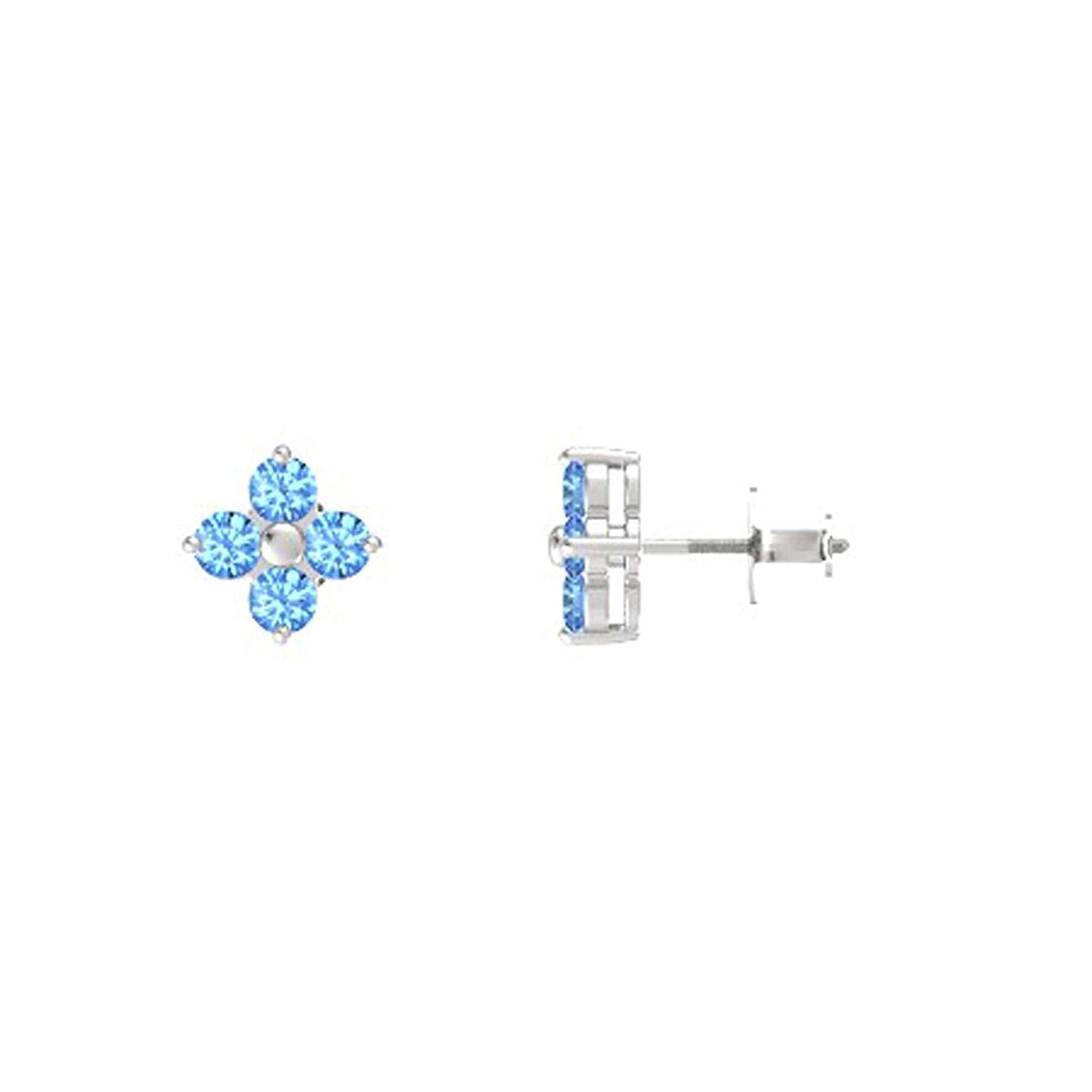 atjewels 14K White Over 925 Sterling Round Aquamarine Flower Stud Earrings MOTHER'S DAY SPECIAL OFFER - atjewels.in