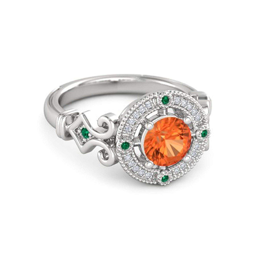 atjewels Round Cut Orange Sapphire, Green Emerald & White CZ .925 Sterling Silver Engagement Ring For Women's and Girl's For Diwali Special - atjewels.in