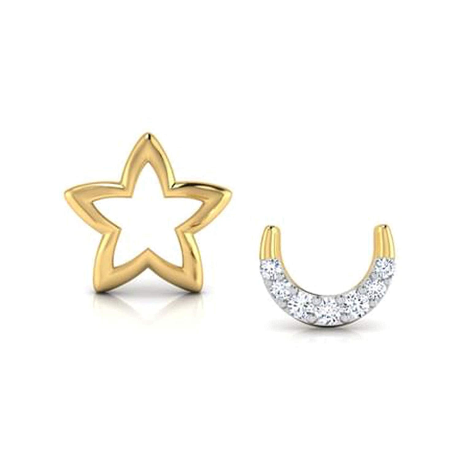 atjewels 14K Yellow Gold Over 925 Sterling Silver Round White CZ Mixmatch Star with Moon Stud Earrings MOTHER'S DAY SPECIAL OFFER - atjewels.in