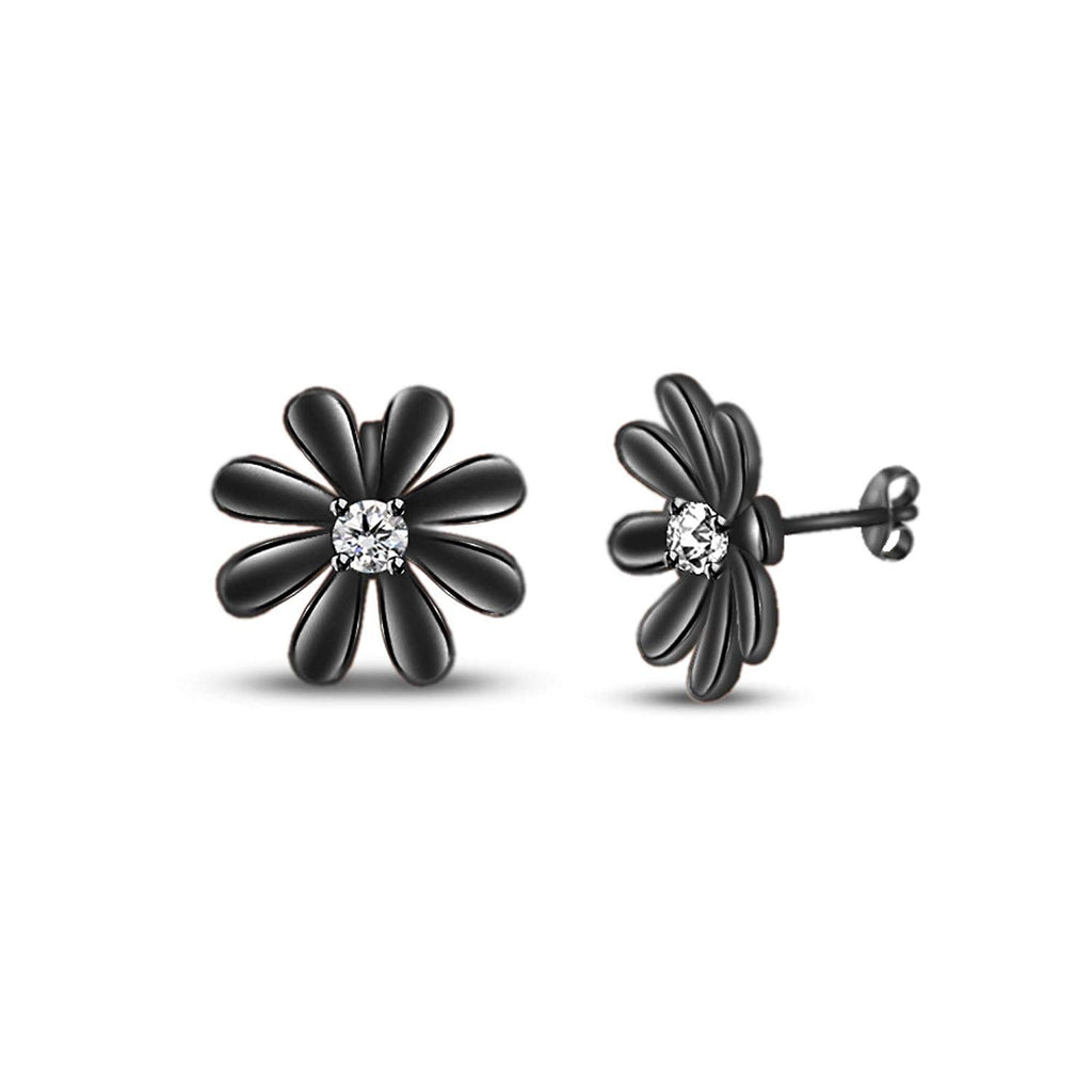 atjewels Round Cut White CZ Black Rhodium .925 Sterling Silver Flower Stud Earrings Girls & Wome's For MOTHER'S DAY SPECIAL OFFER - atjewels.in