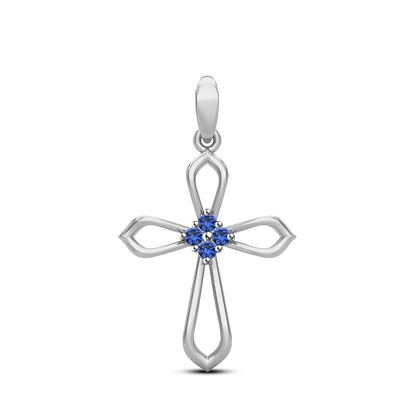 atjewels 14K White Gold Over 925 Sterling Round Blue Sapphire Cross Pendant Without Chain MOTHER'S DAY SPECIAL OFFER - atjewels.in