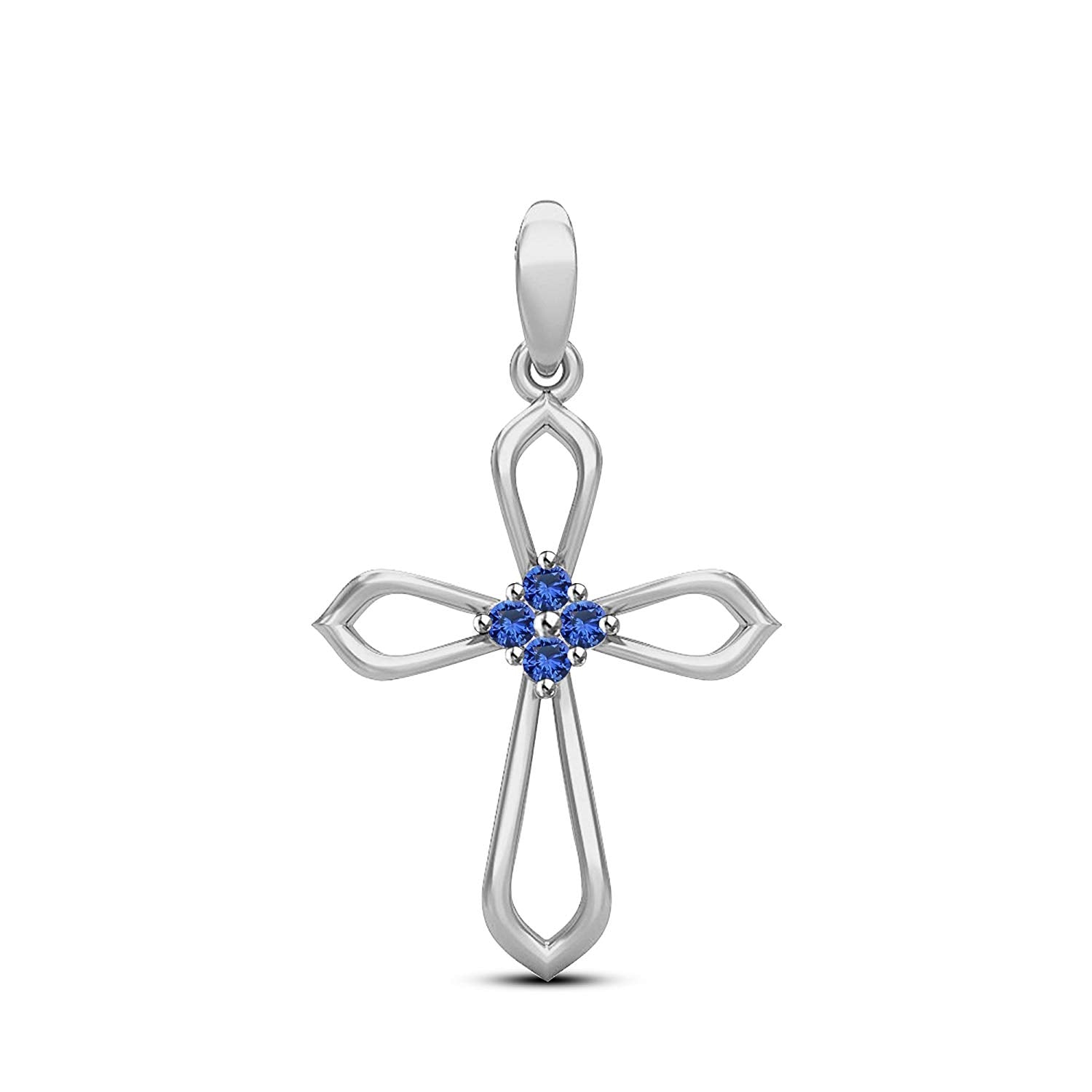 atjewels 14K White Gold Over 925 Sterling Round Blue Sapphire Cross Pendant Without Chain MOTHER'S DAY SPECIAL OFFER - atjewels.in