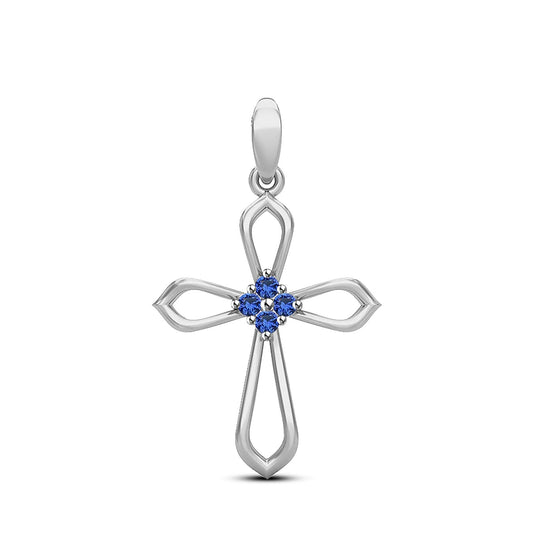 atjewels 14K White Gold Over 925 Sterling Round Blue Sapphire Cross Pendant Without Chain MOTHER'S DAY SPECIAL OFFER - atjewels.in