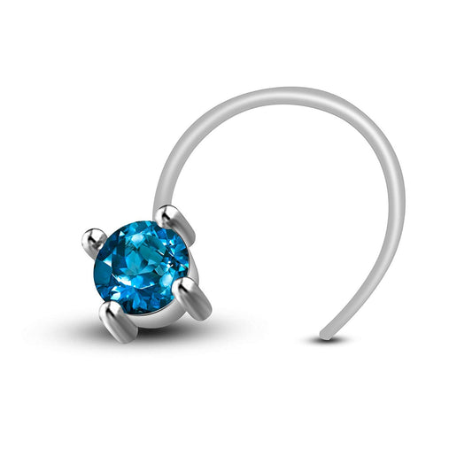 atjewels 14K White Gold Over .925 Sterling Silver With Round Blue Topaz Nose Pin for Women Girls - atjewels.in
