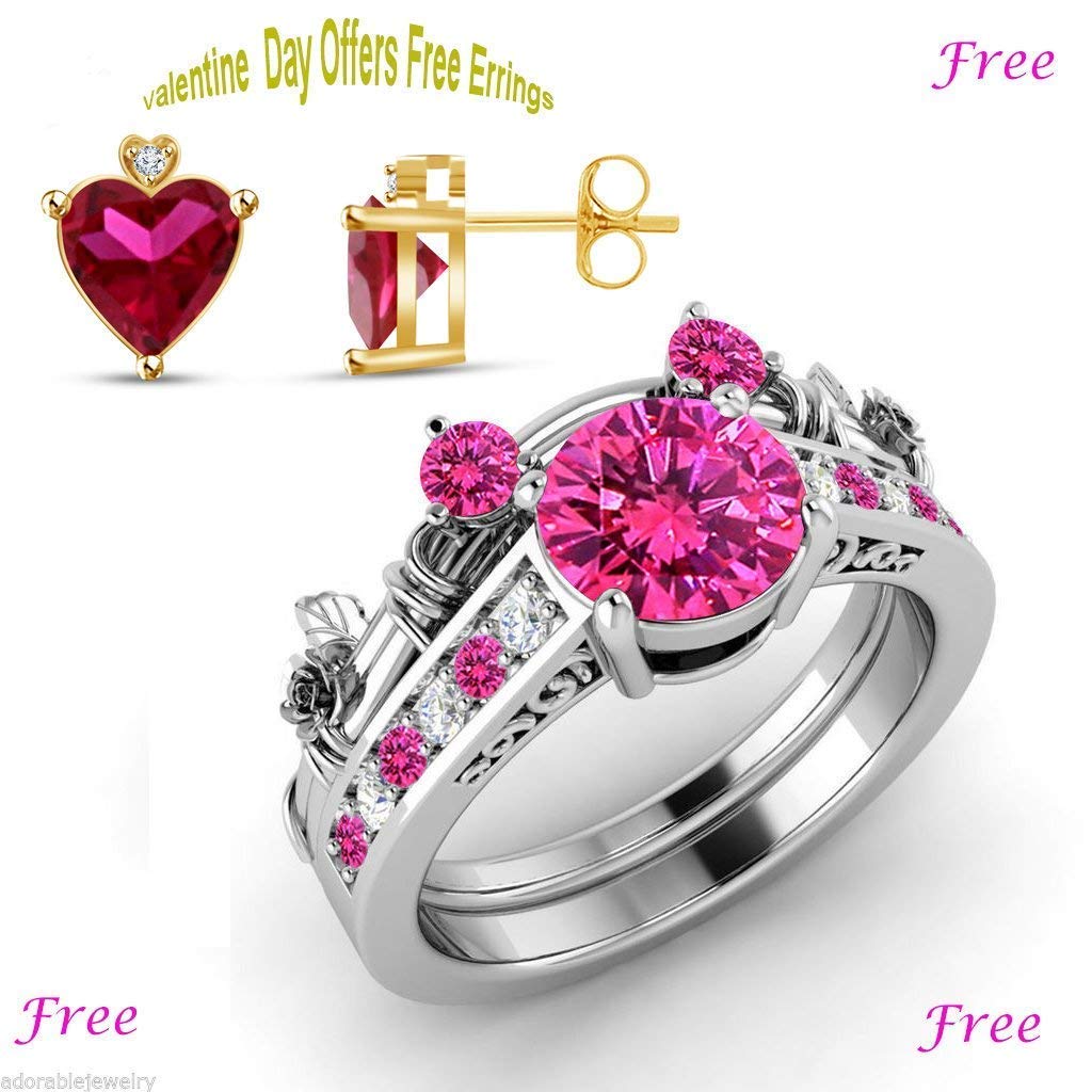 atjewels free earrings with White Gold Over 925 Silver Round Pink Sapphire & White CZ Micky Mouse Bridal Ring Set MOTHER'S DAY SPECIAL OFFER - atjewels.in