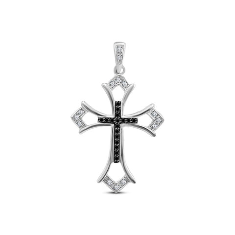 atjewels 14K White Gold Over 925 Sterling Silver Round White and Black Zirconia Cross Pendant Without Chain MOTHER'S DAY SPECIAL OFFER - atjewels.in