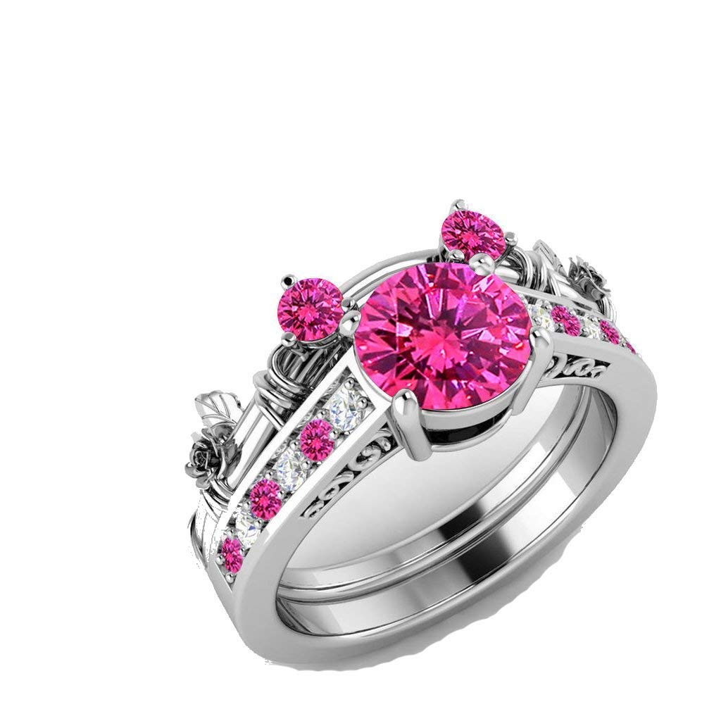 atjewels free earrings with White Gold Over 925 Silver Round Pink Sapphire & White CZ Micky Mouse Bridal Ring Set MOTHER'S DAY SPECIAL OFFER - atjewels.in