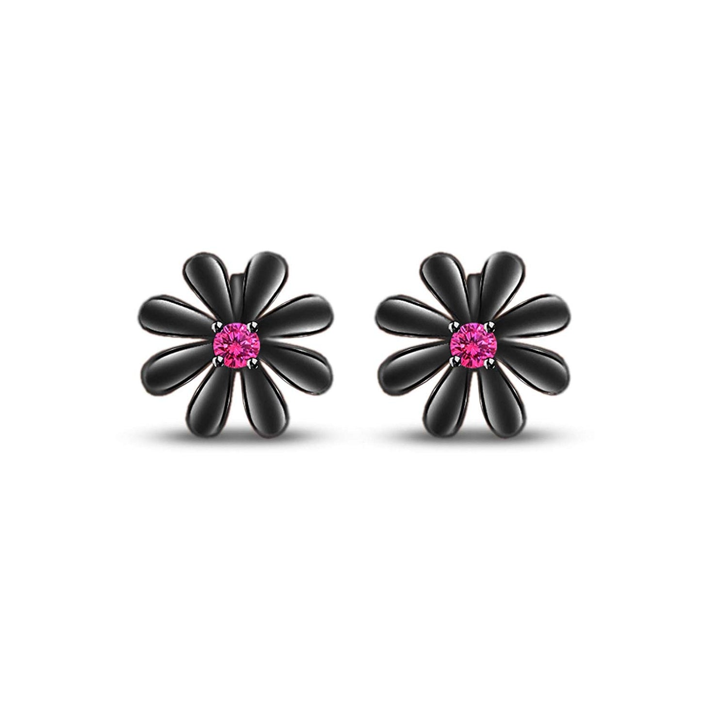 atjewels Round Cut Pink Sapphire Black Rhodium .925 Sterling Silver Flower Stud Earrings Girls & Wome's For MOTHER'S DAY SPECIAL OFFER - atjewels.in