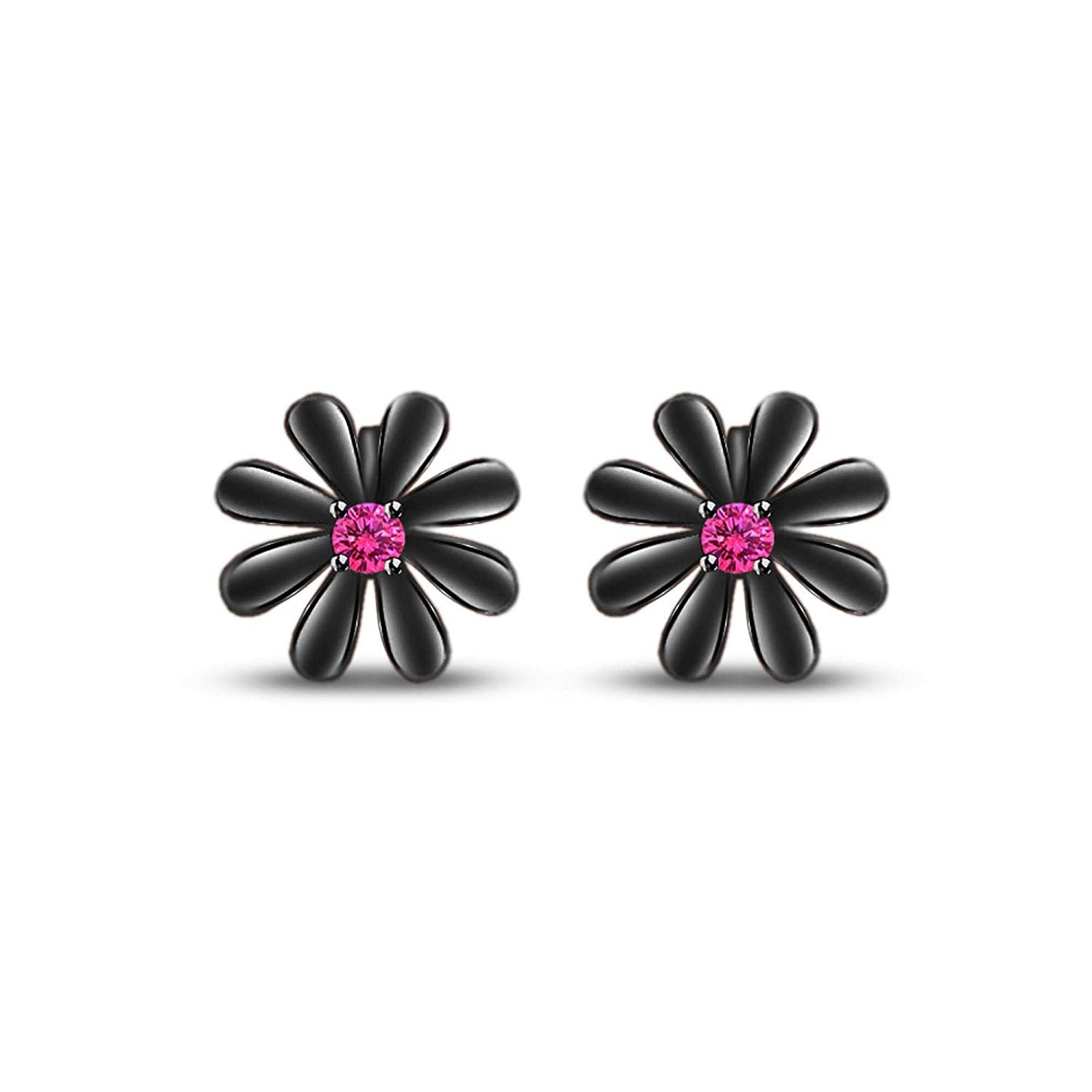 atjewels Round Cut Pink Sapphire Black Rhodium .925 Sterling Silver Flower Stud Earrings Girls & Wome's For MOTHER'S DAY SPECIAL OFFER - atjewels.in