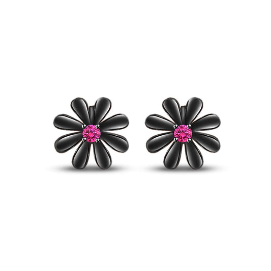 atjewels Round Cut Pink Sapphire Black Rhodium .925 Sterling Silver Flower Stud Earrings Girls & Wome's For MOTHER'S DAY SPECIAL OFFER - atjewels.in