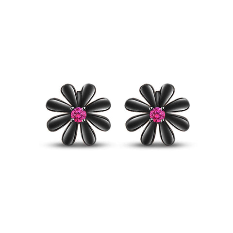 atjewels Round Cut Pink Sapphire Black Rhodium .925 Sterling Silver Flower Stud Earrings Girls & Wome's For MOTHER'S DAY SPECIAL OFFER - atjewels.in