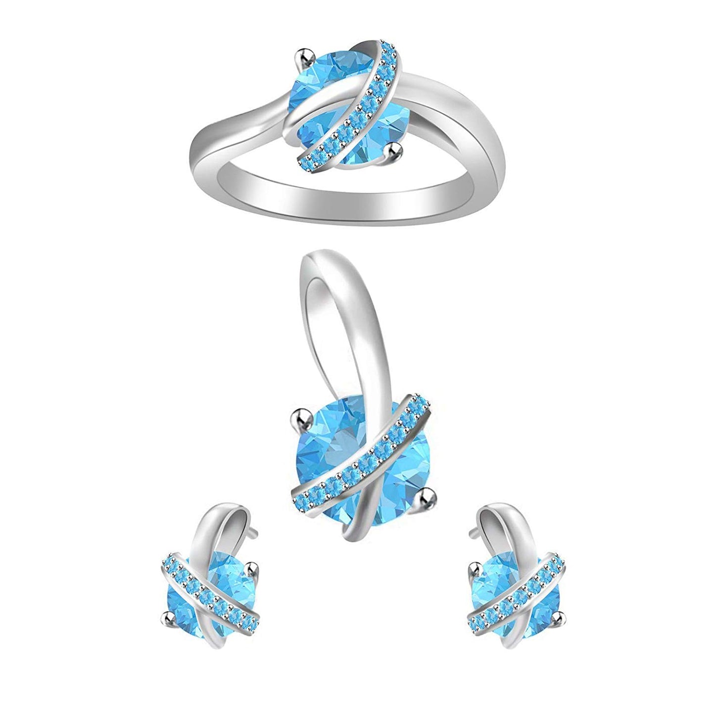atjewels Round Cut Blue Aquamarine .925 Sterling Silver Earrings, Ring & Pendant Criss Cross Jewelry Set For Women's/Girl's For Ganesh Chaturthi Special - atjewels.in