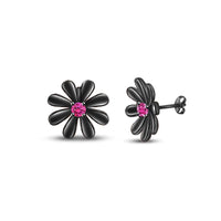 atjewels Round Cut Pink Sapphire Black Rhodium .925 Sterling Silver Flower Stud Earrings Girls & Wome's For MOTHER'S DAY SPECIAL OFFER - atjewels.in