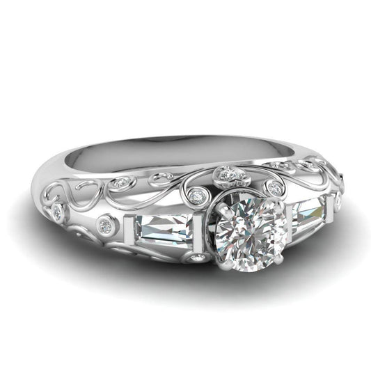 atjewels 18K White Gold Over Solid 925 Sterling Silver Round & Baguette Cut Bezel Setting Solitaire with Accents Ring Free Size MOTHER'S DAY SPECIAL OFFER - atjewels.in