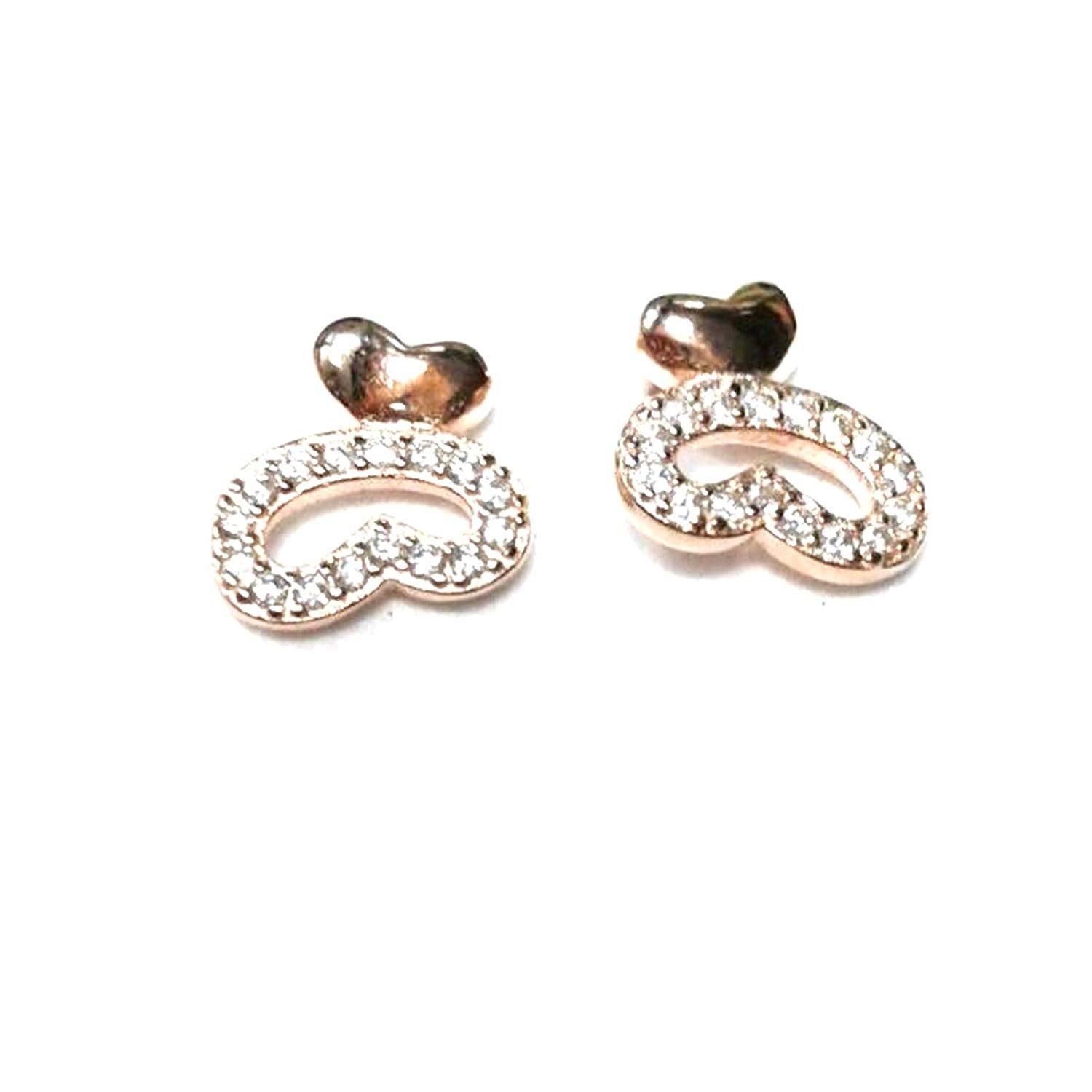 atjewels Round Cut White CZ 14k Rose Gold Over 925 Sterling Silver Two Little Heart Stud Earrings For Girl's and Women's For MOTHER'S DAY SPECIAL OFFER - atjewels.in