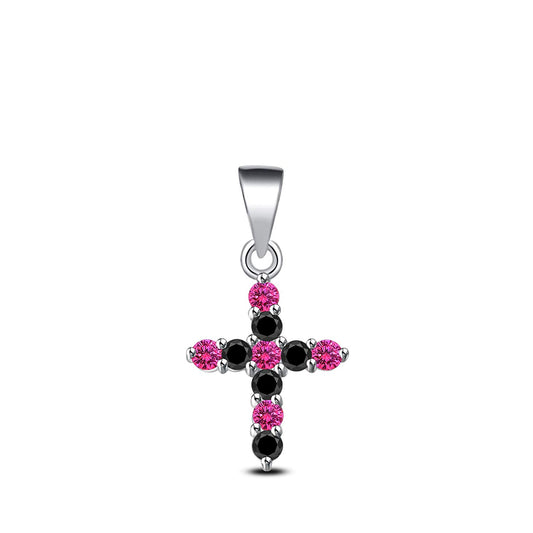atjewels 18K White Gold on 925 Sterling Pink Sapphire and Black CZ Double Cross Pendant MOTHER'S DAY SPECIAL OFFER - atjewels.in