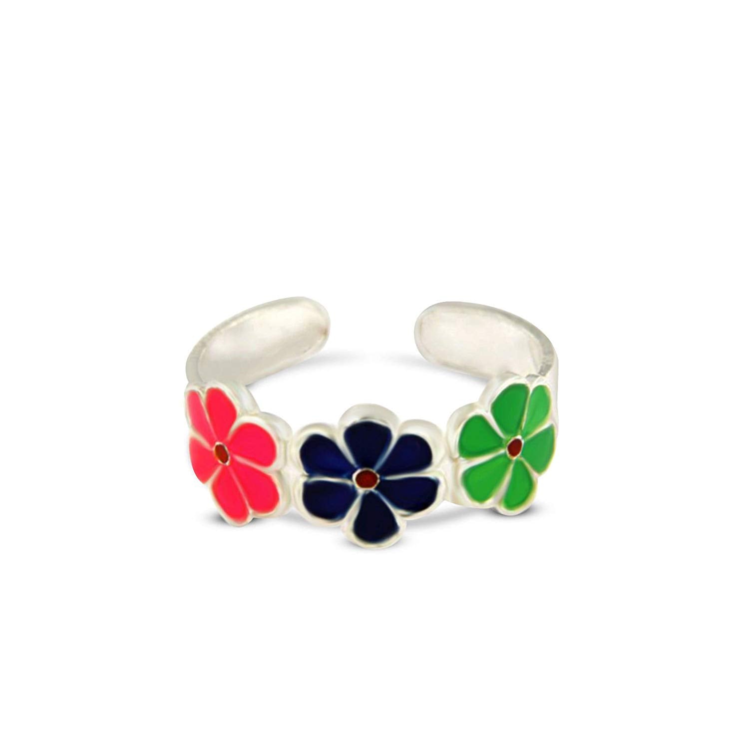 925 Sterling Silver Pink,Blue & Green Meena Work Adjustable ToeRing for Girl's/Women's with Pair - atjewels.in