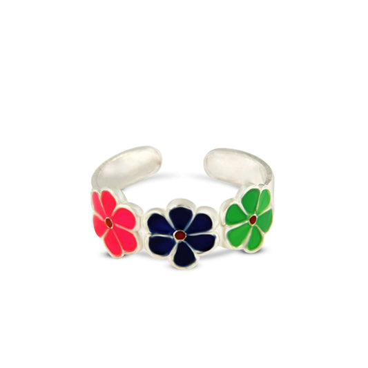 925 Sterling Silver Pink,Blue & Green Meena Work Adjustable ToeRing for Girl's/Women's with Pair - atjewels.in