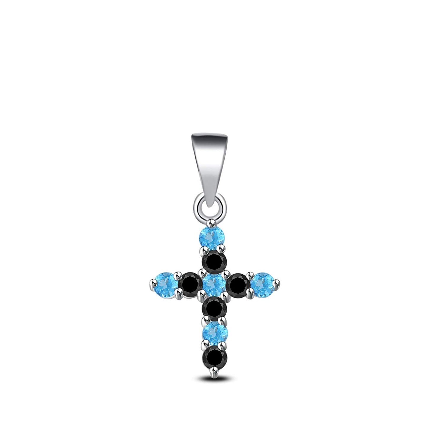atjewels 14K White Gold on 925 Sterling Aqua and Black CZ Cross Pendant MOTHER'S DAY SPECIAL OFFER - atjewels.in