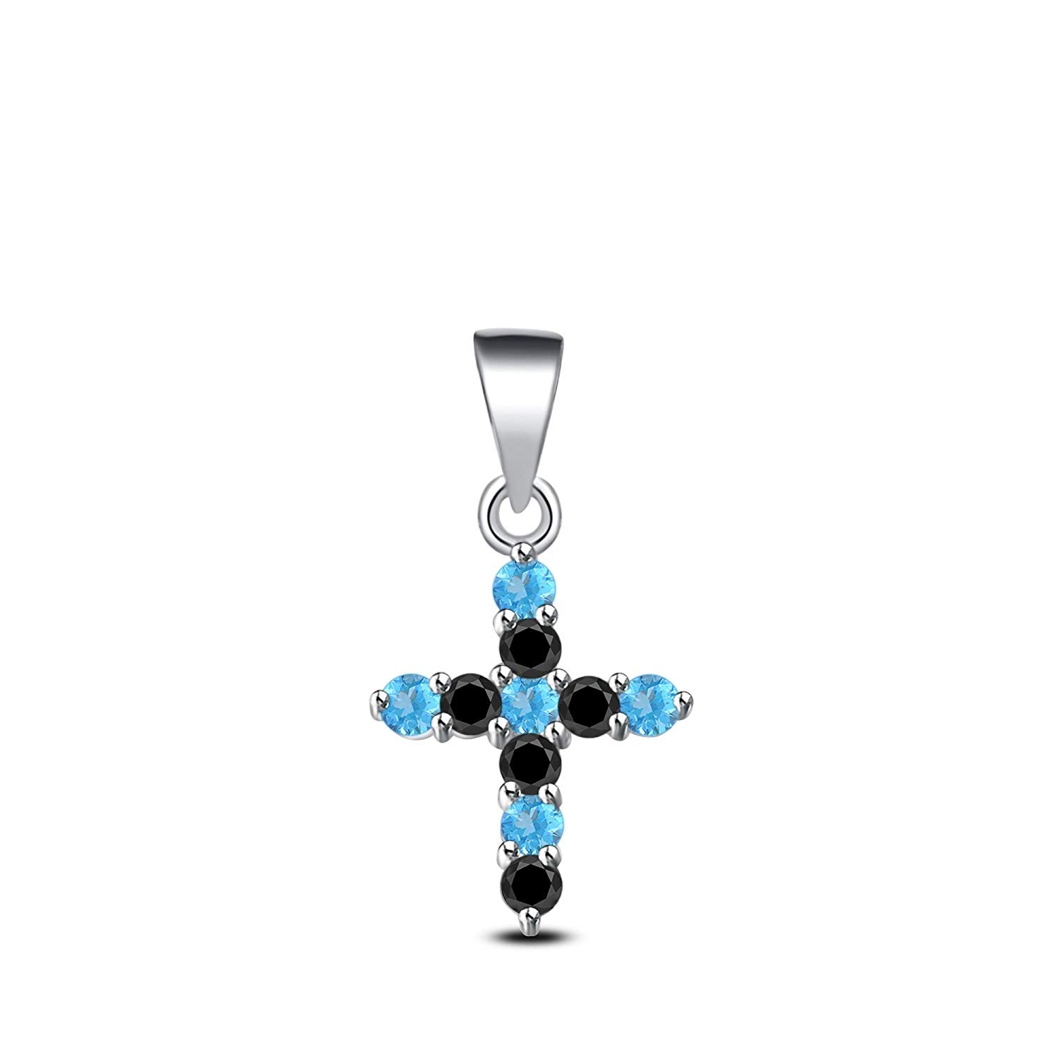atjewels 14K White Gold on 925 Sterling Aqua and Black CZ Cross Pendant MOTHER'S DAY SPECIAL OFFER - atjewels.in
