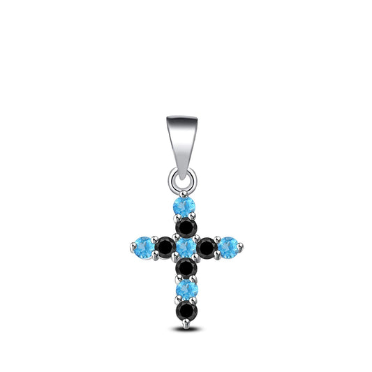 atjewels 14K White Gold on 925 Sterling Aqua and Black CZ Cross Pendant MOTHER'S DAY SPECIAL OFFER - atjewels.in