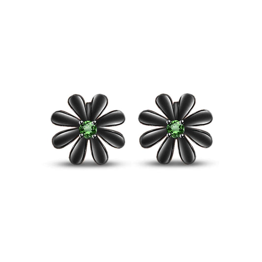 atjewels Round Cut Green Emerald Black Rhodium .925 Sterling Silver Flower Stud Earrings Girls & Wome's For MOTHER'S DAY SPECIAL OFFER - atjewels.in