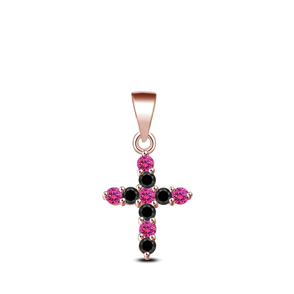 atjewels 18K Rose Gold on 925 Sterling Pink Sapphire and Black CZ Double Cross Pendant MOTHER'S DAY SPECIAL OFFER - atjewels.in