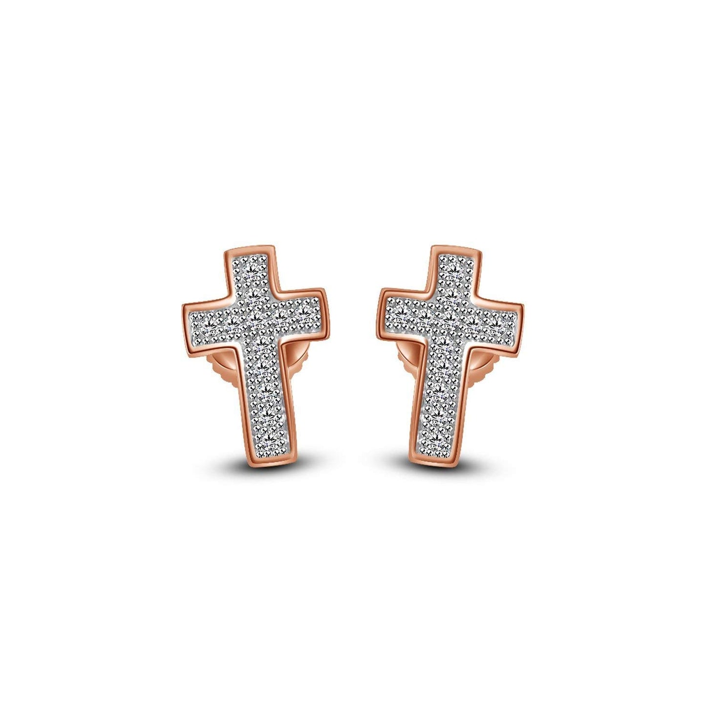 atjewels Fashionable Cross Stud Earrings 18k Rose Gold Plated On .925 Sterling Silver With Round Cut White Diamond MOTHER'S DAY SPECIAL OFFER - atjewels.in
