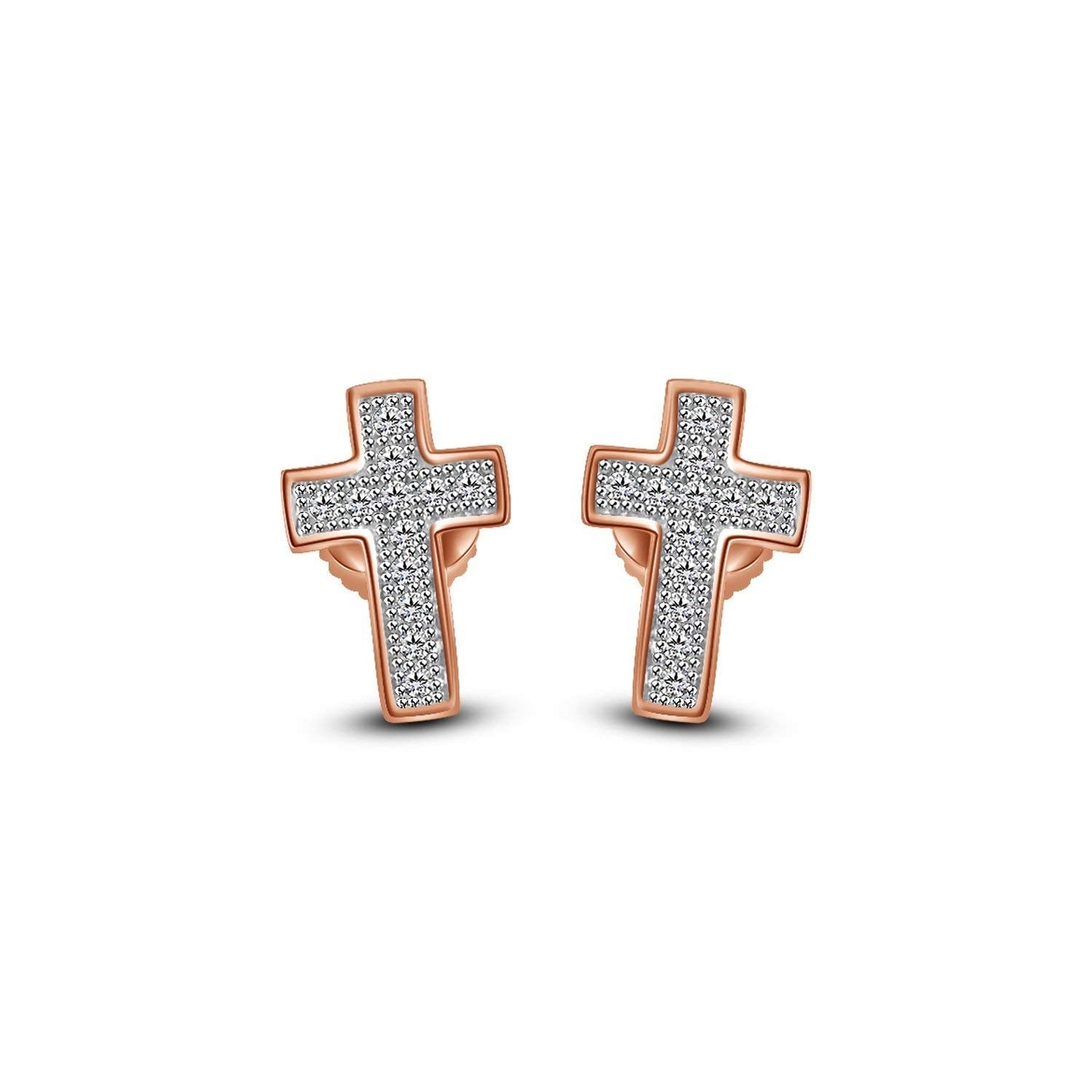 atjewels Fashionable Cross Stud Earrings 18k Rose Gold Plated On .925 Sterling Silver With Round Cut White Diamond MOTHER'S DAY SPECIAL OFFER - atjewels.in
