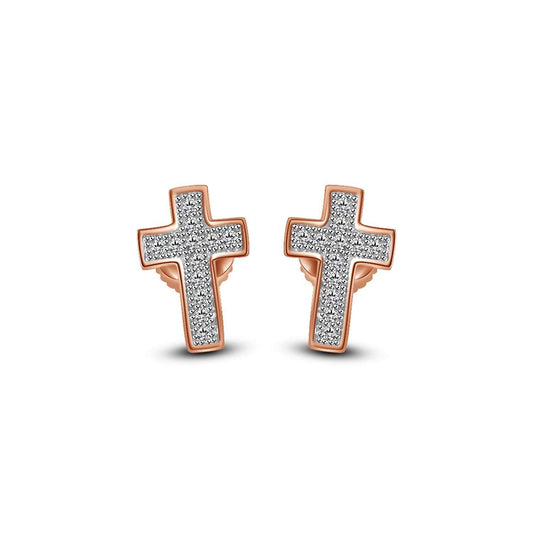 atjewels Fashionable Cross Stud Earrings 18k Rose Gold Plated On .925 Sterling Silver With Round Cut White Diamond MOTHER'S DAY SPECIAL OFFER - atjewels.in