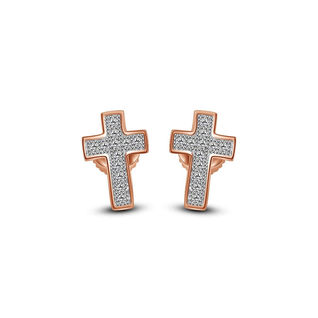 atjewels Fashionable Cross Stud Earrings 18k Rose Gold Plated On .925 Sterling Silver With Round Cut White Diamond MOTHER'S DAY SPECIAL OFFER - atjewels.in