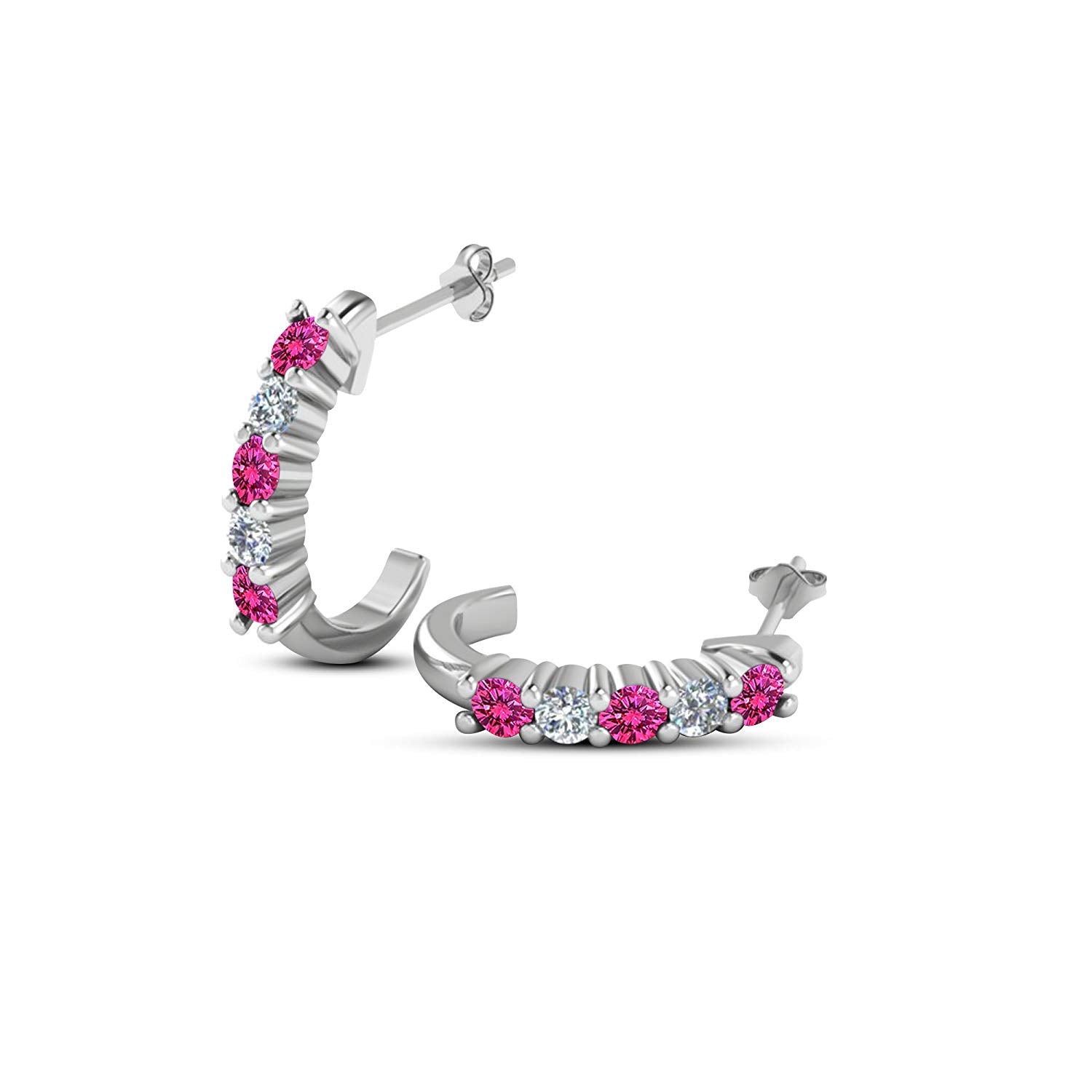 atjewels 14K White Gold Over Silver Round Pink Sapphire and White CZ Hoop J Earrings For Women's MOTHER'S DAY SPECIAL OFFER - atjewels.in